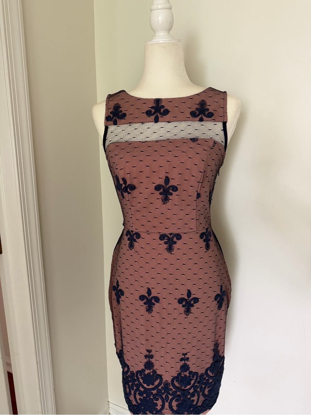 Eva Franco Blush Pink Midi Dress with Navy Embroidery